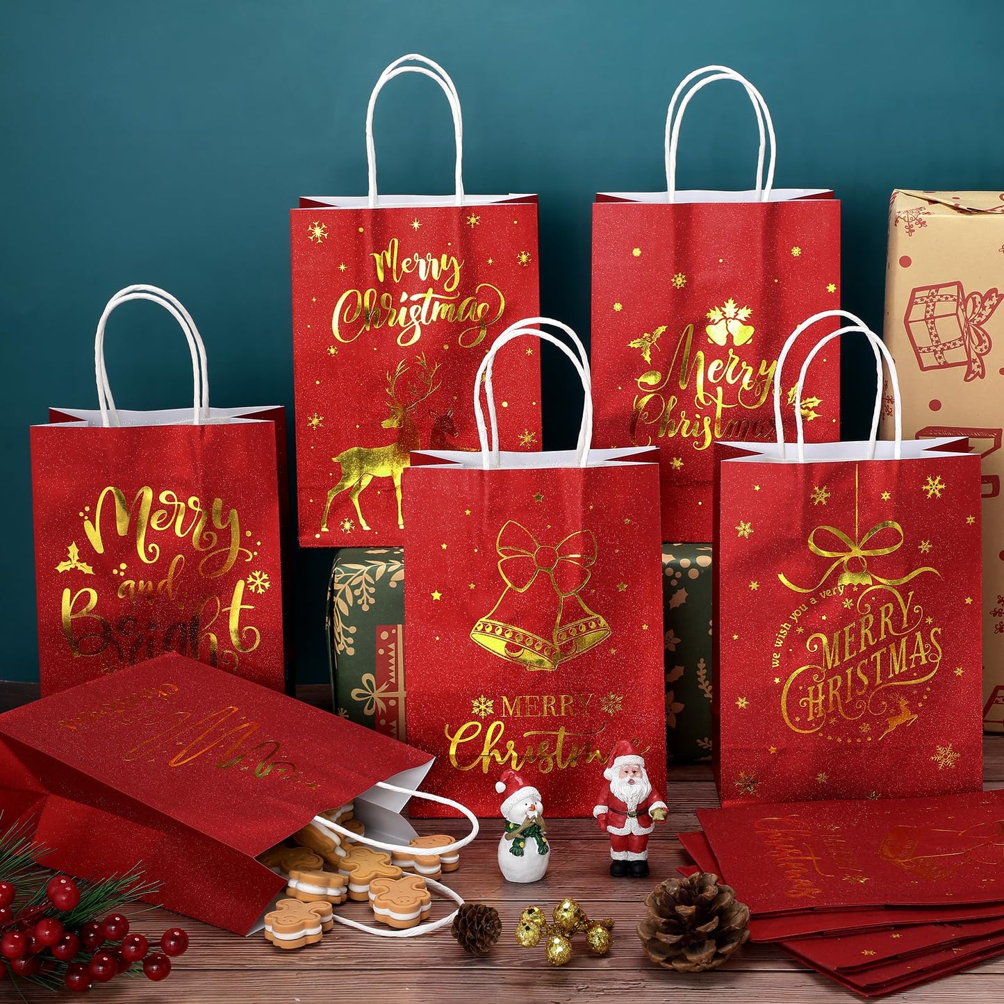 Ragnhild 48 Pcs Christmas Gift Bags, Red Glitter Christmas Bags for Gifts with Tissue Paper, 6 Styles Red and Gold Foil Paper Goodie Bag with Handles, Bulk Xmas Holiday Reusable Party Favor Treat Bag