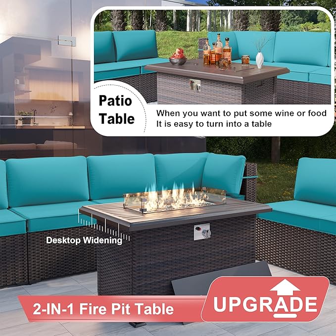 Kurapika 10 Pieces Patio Furniture Set, Rattan Wicker Outdoor Conversation Sets w/43in Propane Fire Pit Table, Swivel Rocking Chairs Patio Sectional Sofa w/4 Inch Cushion, Blue