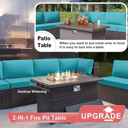 Kurapika 10 Pieces Patio Furniture Set, Rattan Wicker Outdoor Conversation Sets w/43in Propane Fire Pit Table, Swivel Rocking Chairs Patio Sectional Sofa w/4 Inch Cushion, Blue