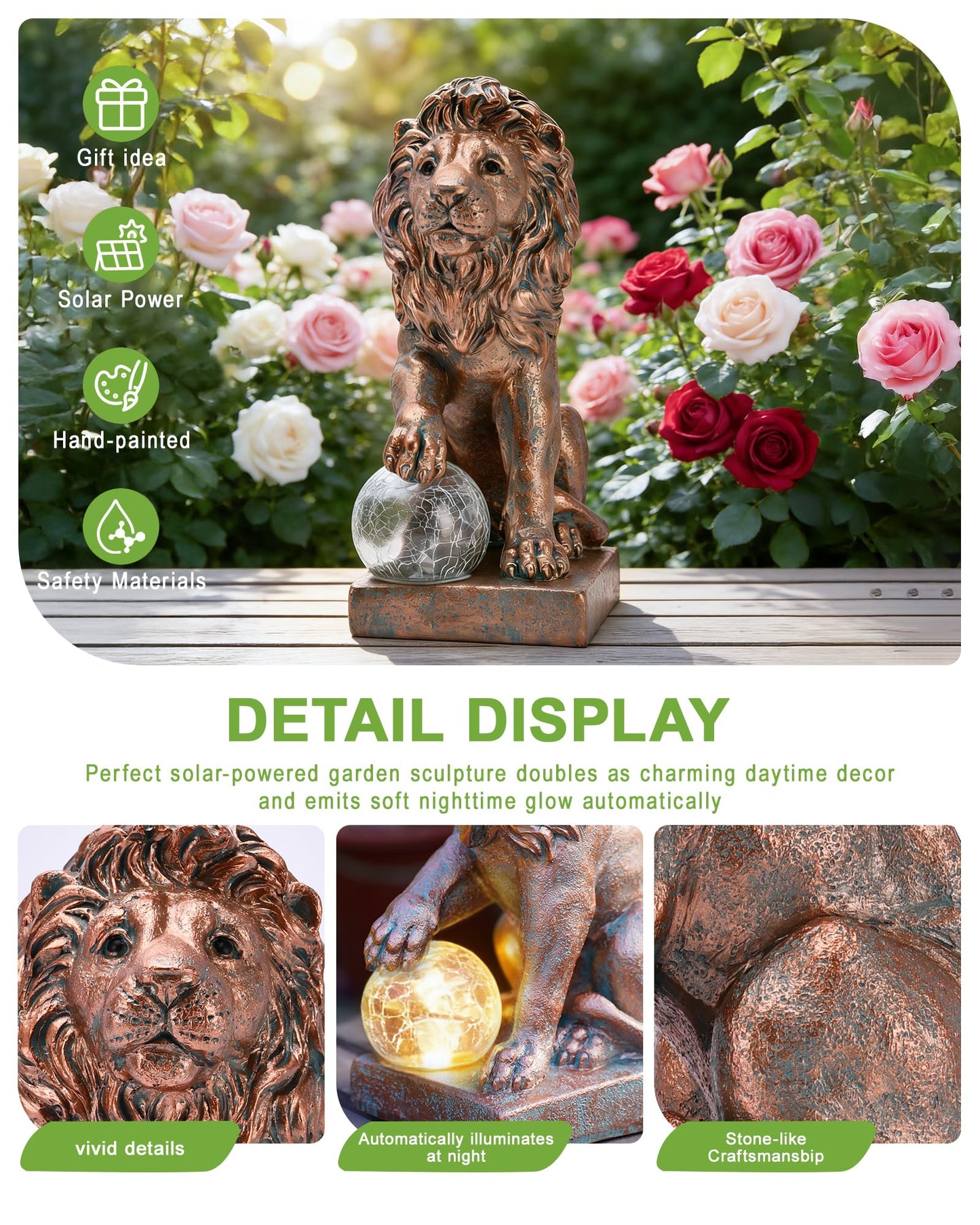 Nacome Guardian Lion Garden Decor: Outdoor Decoration Statue with Ball Lights for Yard Art Porch Patio Balcony - Unique Birthday Choice for Women Mom Lover - 9.45in (Copper)