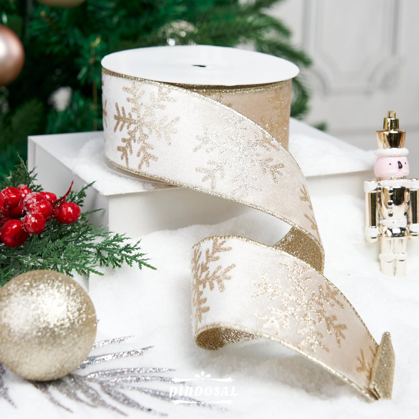 DINDOSAL Champagne Gold Velvet Wired Ribbon 2.5 Inch x 10 Yards