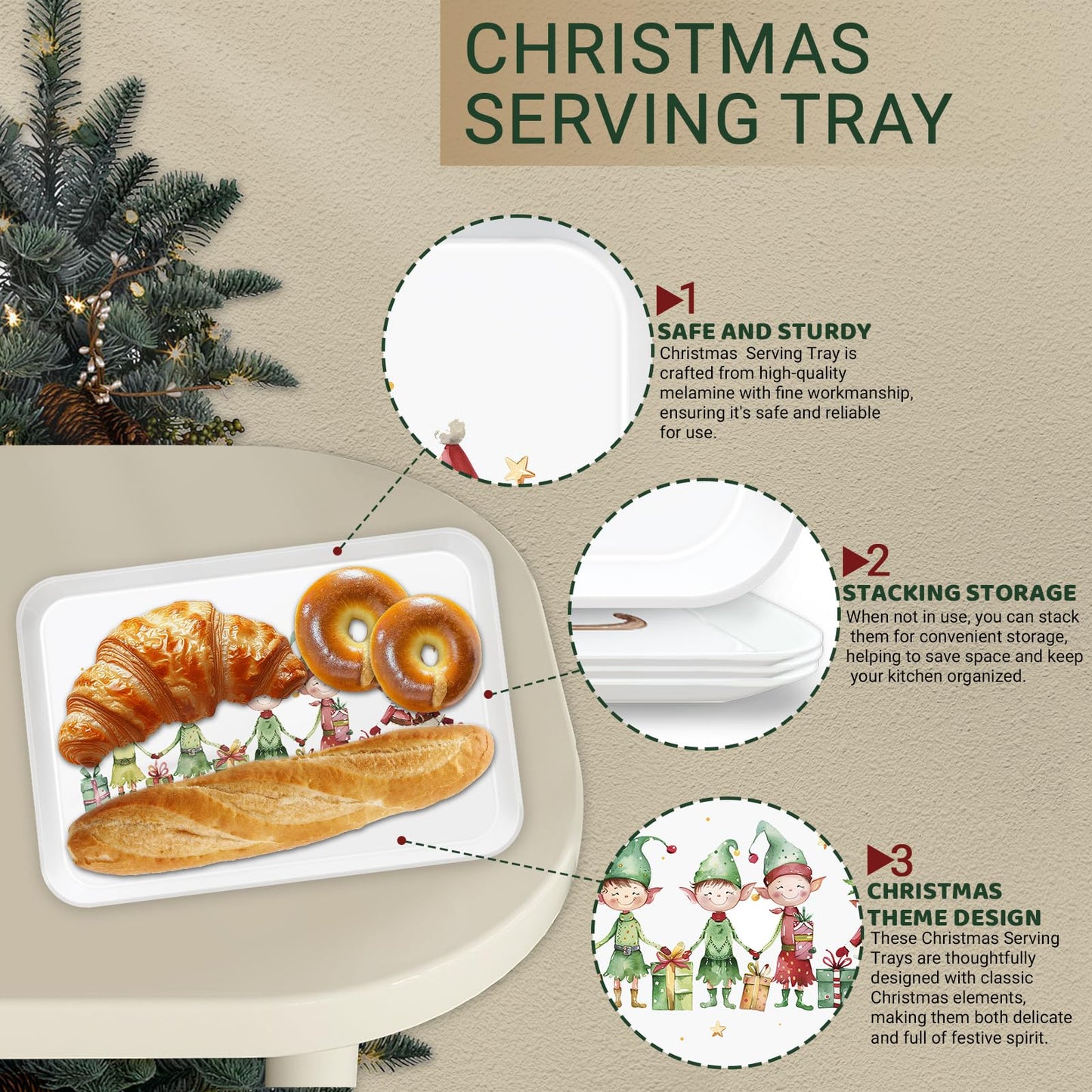 VIYNRAN 4-Piece 15 x 11 Inch Christmas Serving Tray Set, Reusable Melamine Platters with Cute Elf Cartoons, Holiday Party Trays for Snacks, Fruit, Desserts, and Candy, Rectangular Design