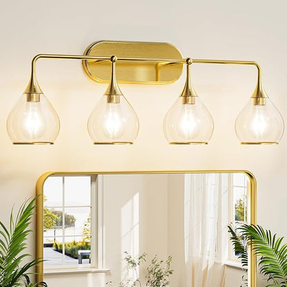 TETOTE 4-Light Modern Bathroom Light Fixtures, 4 Light Vanity Lights Over Mirror Gold Wall Lamp with Clear Glass for Bathroom, Mirror, Living Room, Bedroom, Hallway