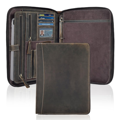 LEATHER VILLAGE Genuine Leather Zipper Portfolio Organizer - Professional Business 4 Ring Binder Padfolio Binder for Documents, Cards, iPad, Tablet, Phone, Resume Folder, Folio for Men & Women -Brown