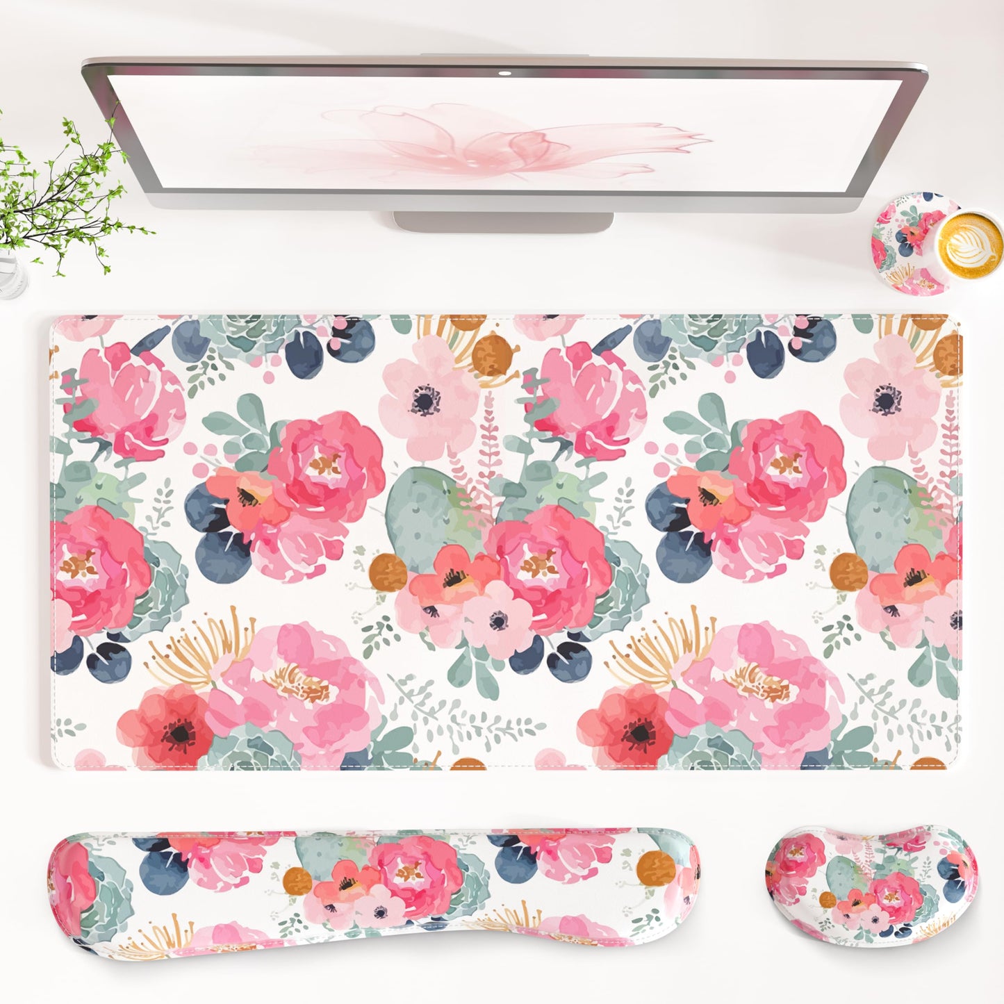 QiyI Leather Desk Mat Set, 4-in-1 Large Mouse Pad with Wrist Rest, Non-Slip Desk Pad + Keyboard Wrist Rest + Mouse Wrist Support + Coaster, Office Desk Accessories Home Decor Supplies, Pink Flowers
