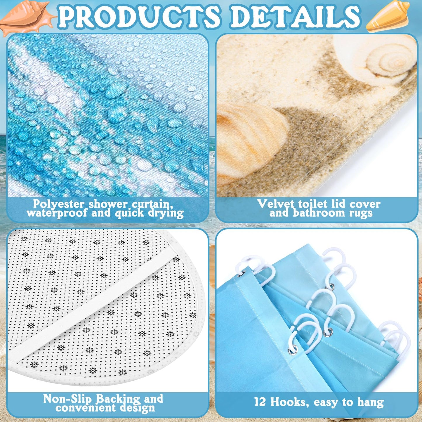 FuWeave 8 Pcs Summer Beach Shower Curtain Set Bathroom Decor Sea Ocean Waterproof Bathroom Accessories Shower Curtain Sets with Towels Carpet Bath Mat Toilet Rugs and 12 Hooks