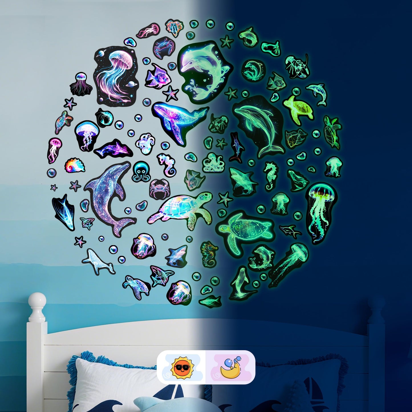 Fantasy Ocean Fish Wall Decals Glow in The Dark, Colorful Neon Ocean Animal Wall Stickers for Kids, Waterproof Vinyl Sea Creature Stickers, Ceiling Walls Room Bathroom Bedroom