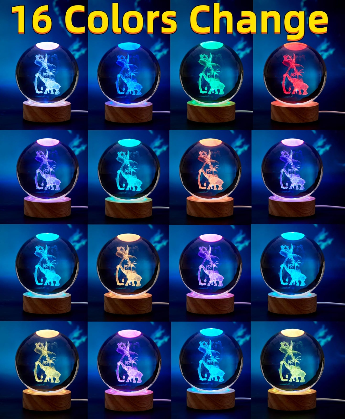 3D Elephant Crystal Ball Lamp,Lifelike Elephant Night Light,16 Colors Changing Light,Dimmable Remote Control,Elephant Lamp Gift (J)
