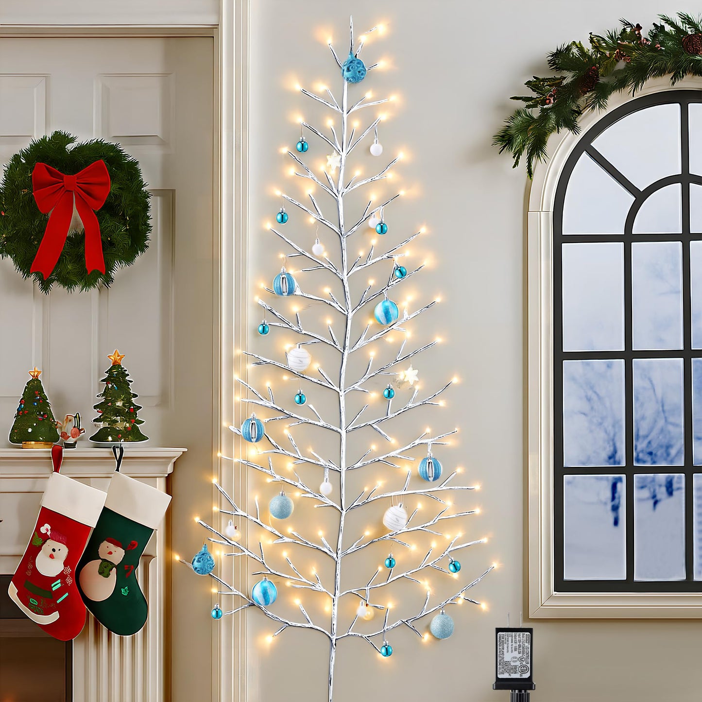 ElectricWise 5 FT 144 LED Lighted Wall Christmas Tree with Decorative Balls, 8 Light Modes Plug in Half Christmas Tree, Hanging Flat Mounted Trees for Holiday Apartment Room (Silver, Blue and White)