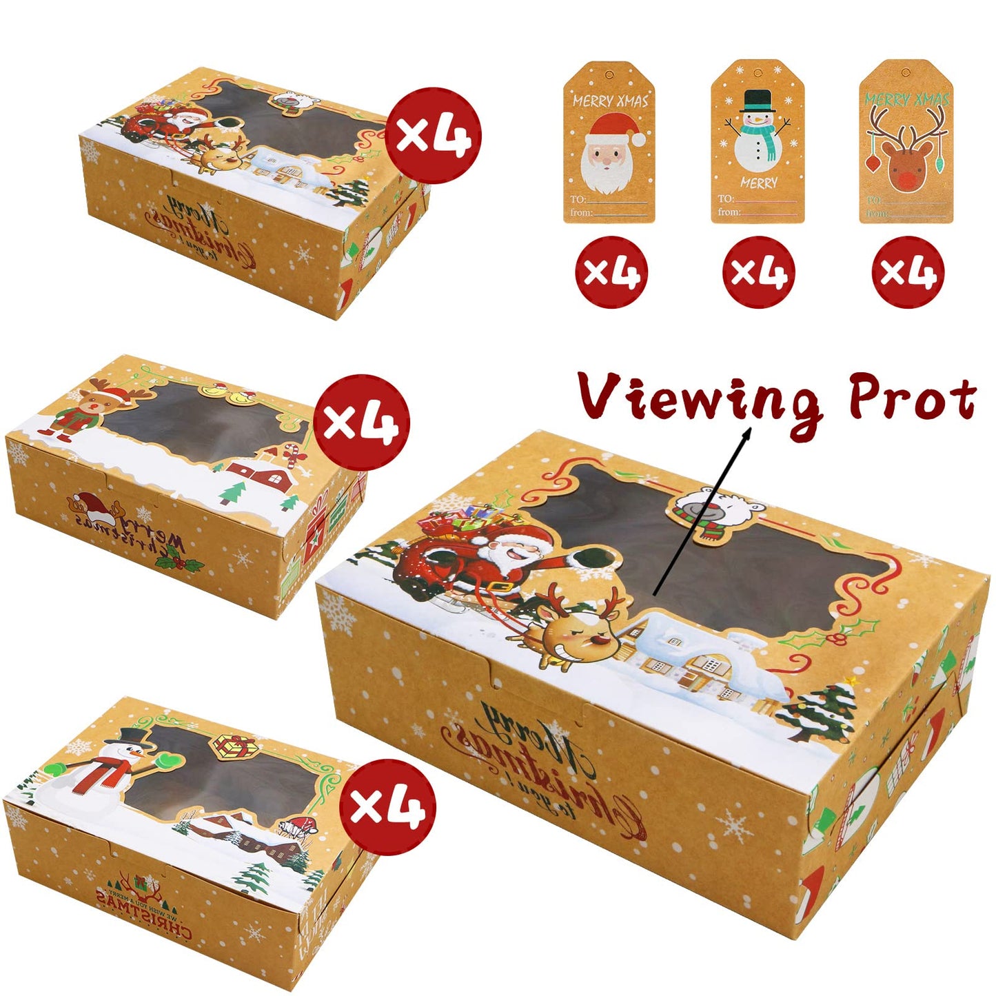 ZMCINER 12 PCS Christmas Cookie Boxes with Window Christmas Bakery Boxes Treat Boxes Baking Boxes for Gift Giving for Pastries, Cupcakes, Brownies, Brown Kraft Bakery Boxes 8.75 x 5.75 x 2.75 Inches