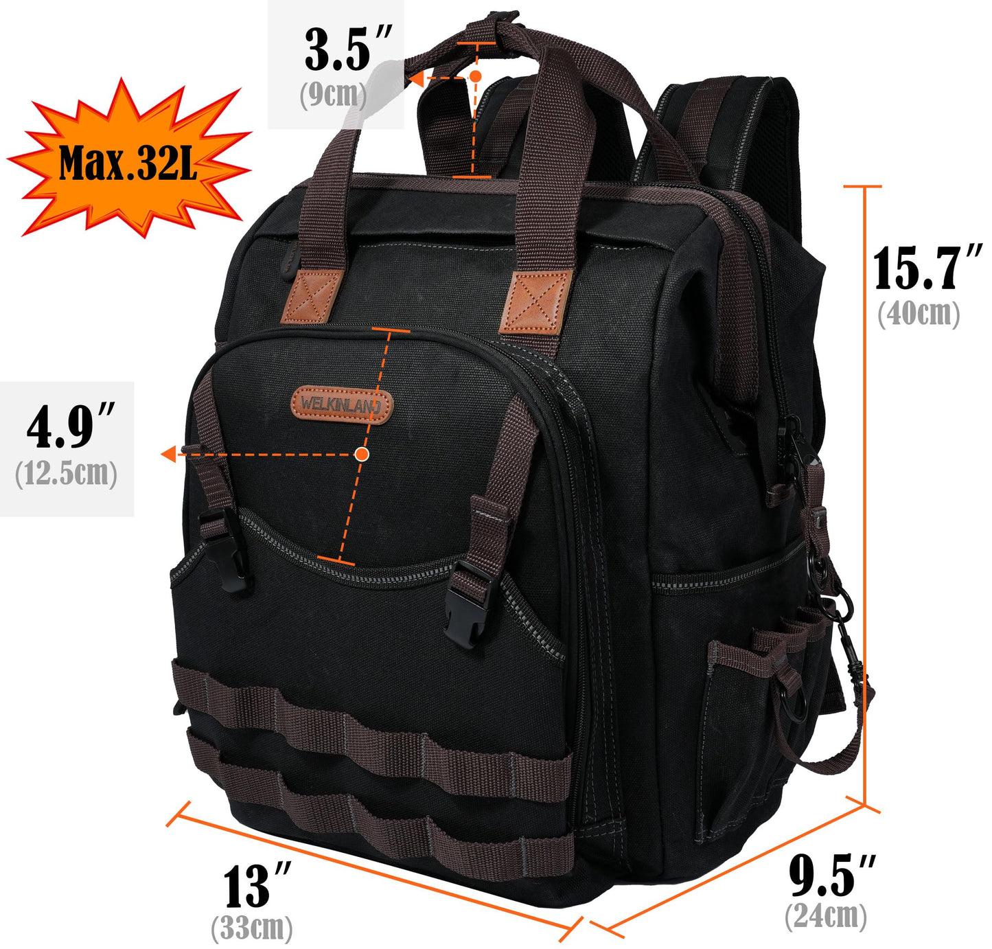 WELKINLAND 88-Pockets Waxed- Canvas HAVC Tool Backpack,Heavy-Duty electrician tools backpack,Open-Top technician tool bag backpackTool back pack for construction