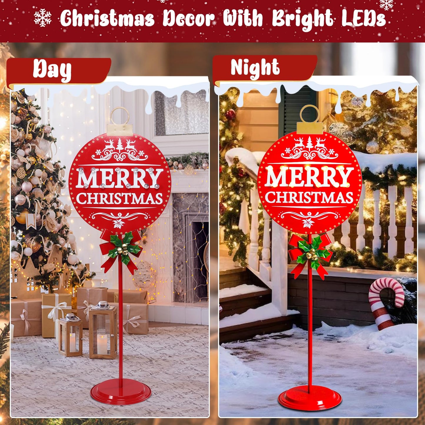 Vigdur Merry Christmas Sign - 34" Lighted Metal Holiday Ball Decoration Battery Operated with Timer, Christmas Yard Decorations for Indoor Outdoor Yard Lawn Party Holiday Décor