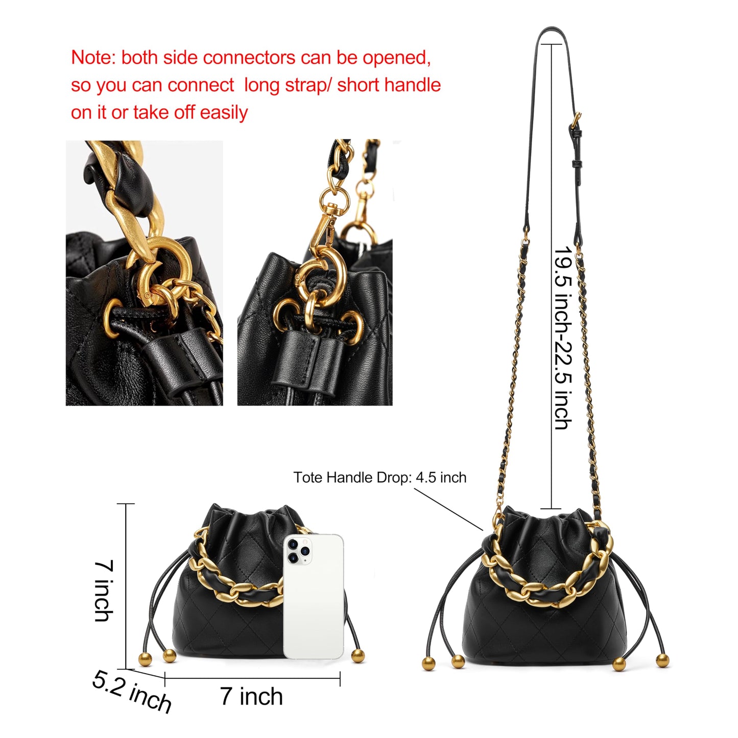 DORIS&JACKY Small Top Handle Bucket Bag, Designer Lambskin Drawstring Crossbody Purse with Chunky Chain Tote Strap (1-Black)