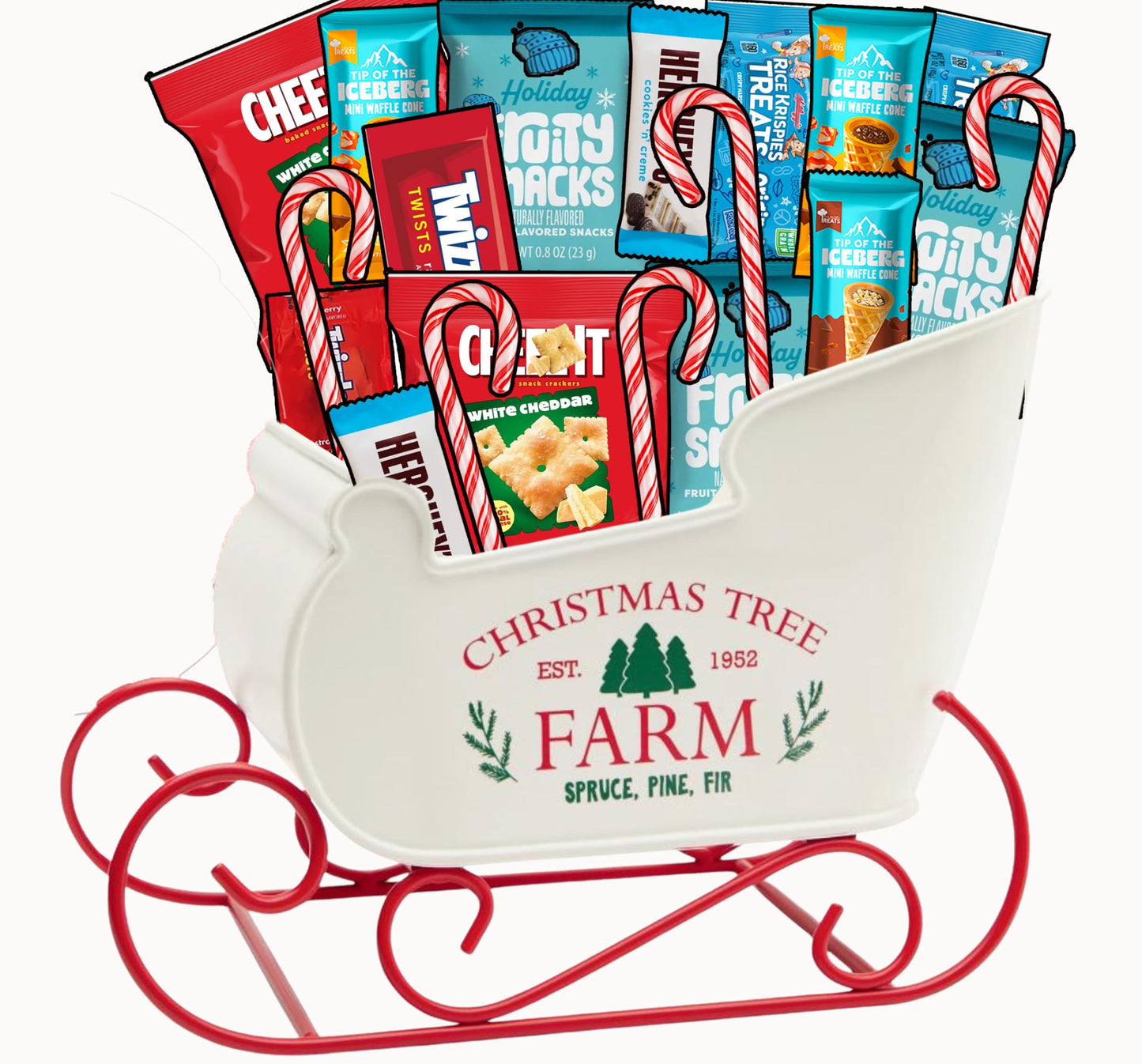 Christmas Gift Snack Care Package, 65 Count in Santa Sleigh Holiday Gift Basket for Christmas, Assorted Individually Wrapped Full Sized Candy Canes, Fruit Snacks and More, Candy Gift Basket for Adults