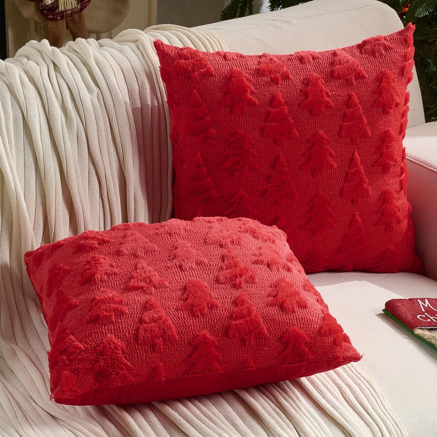 FUTEI Christmas Tree Pillow Covers 18x18 Set of 2, Red Xmas Decorations Soft Fluffy Winter Lumbar Pillow Covers for Couch Sofa Bedroom Holiday Festivals Home Decor