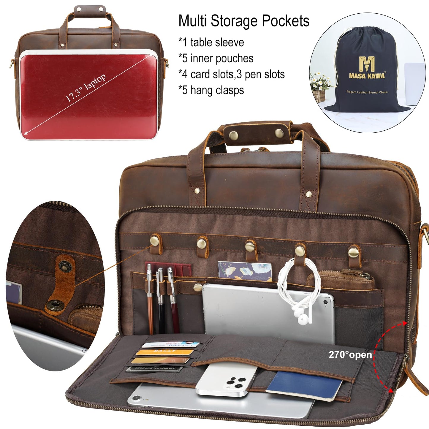 Masa Kawa Leather Briefcase for Men 17" Laptop Shoulder Messenger Bag Vintage Brown Business Travel Work Lawyer Attache Case,Large