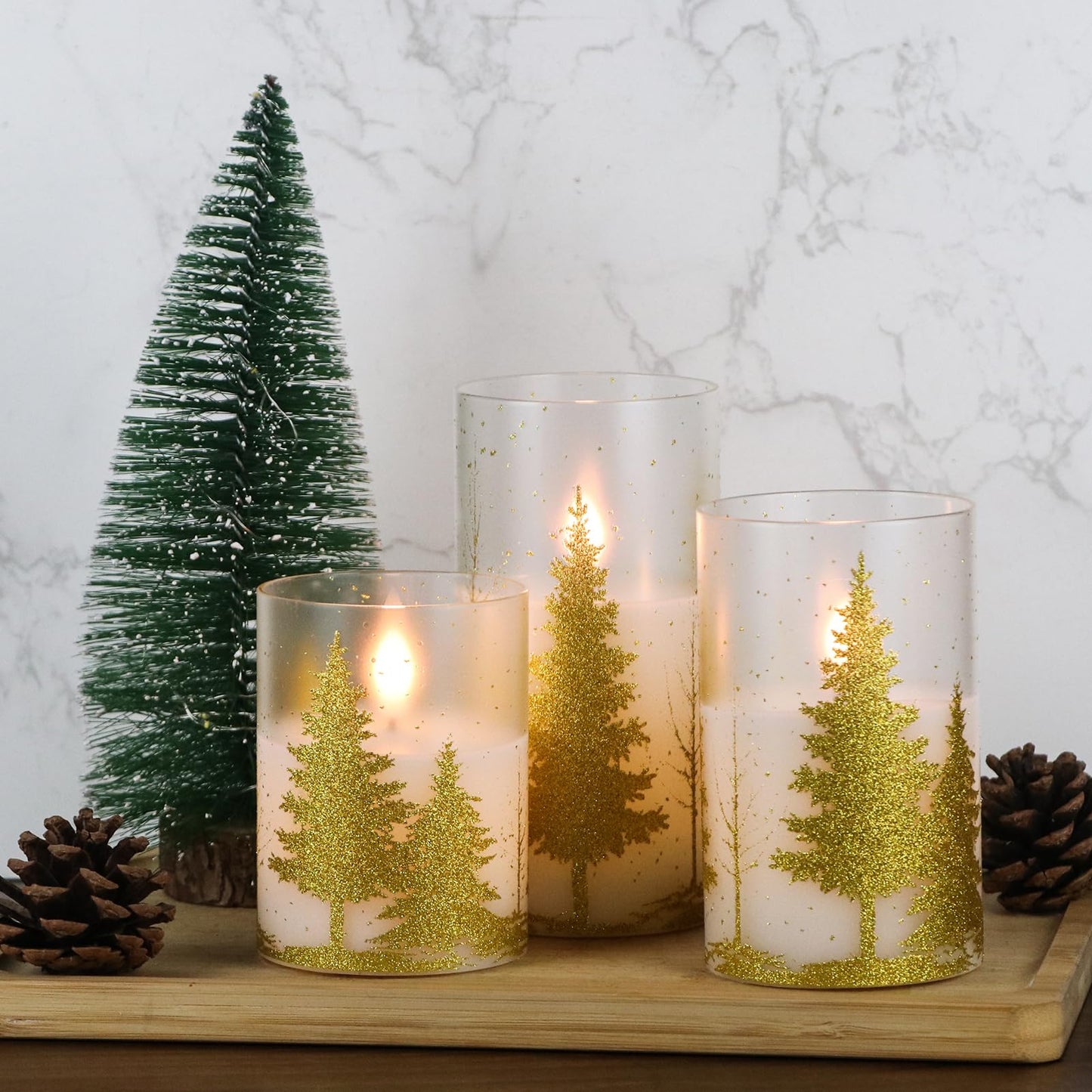 DRomance Christmas Tree Glass Flameless Candles with Remote Timer Battery Operated Real Wax 3D Wick LED Flickering Pillar Candles Christmas Holiday Decor(Gold, 3 x 4,5,6 Inch)