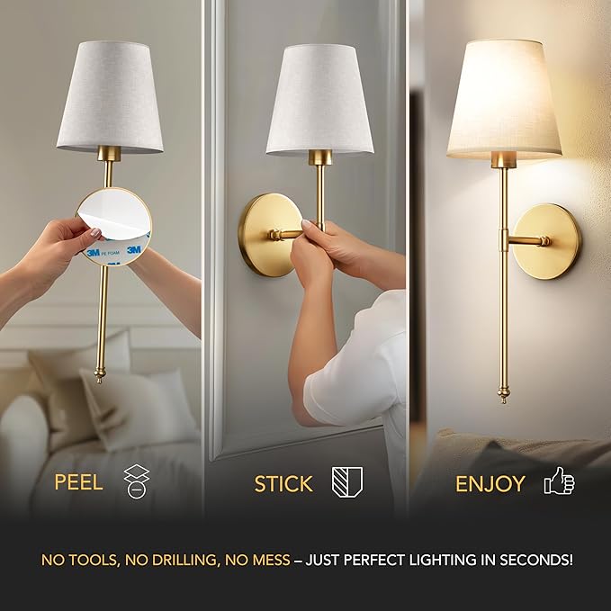 Set of 2 Wireless Wall Sconces – Stick-On or Screw Mount - Rechargeable LED Bulbs, Remote Controlled, Adjustable Brightness & Warmth, Easy Installation, Living Room Wall Decor (Gold)