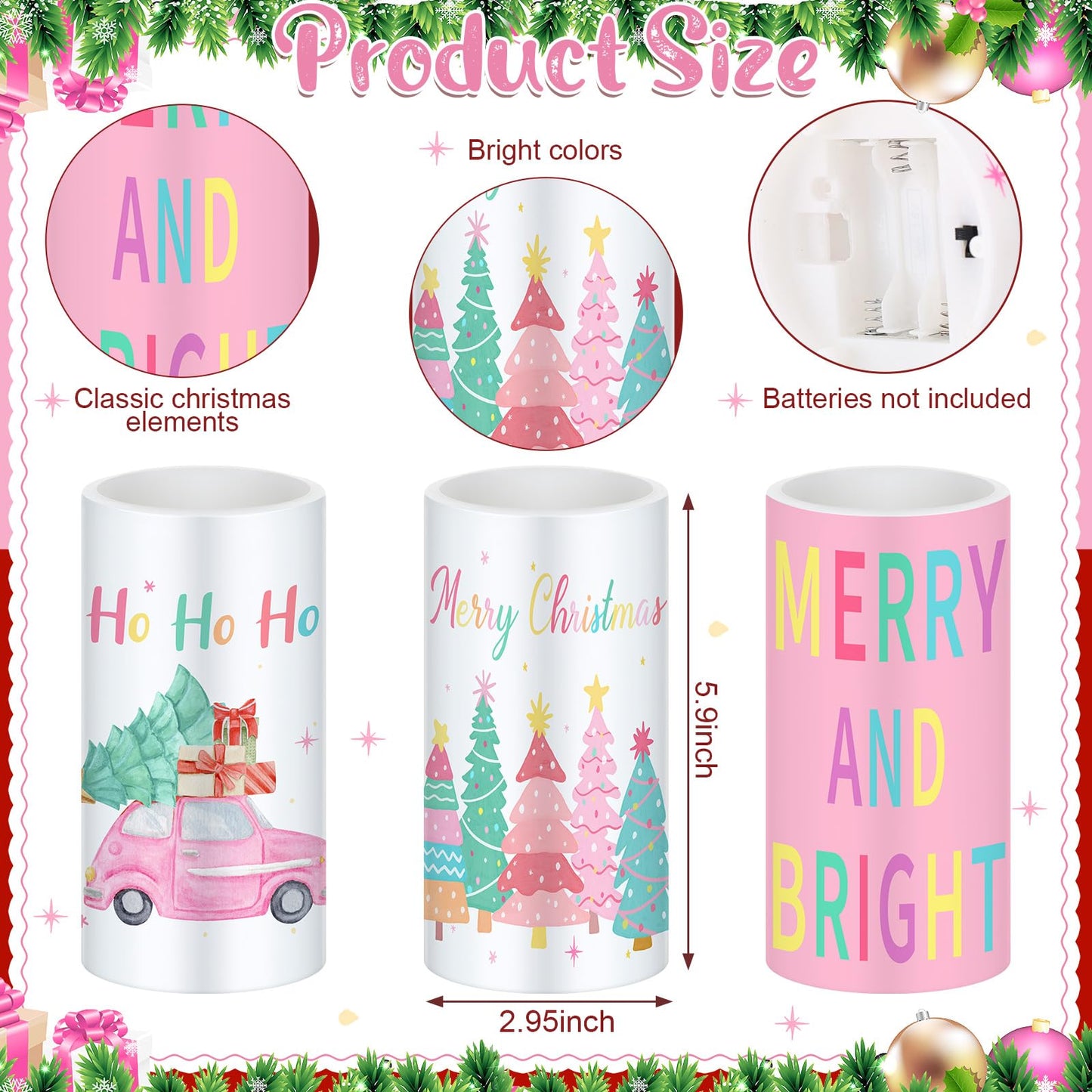 Retisee 3 Pcs Pastel Christmas Flameless Candles Pink Christmas Battery Operated LED Candles with Remote Pastel Candy Xmas Decorations Centerpiece for Holiday Bedroom Living Room Xmas Home Decor