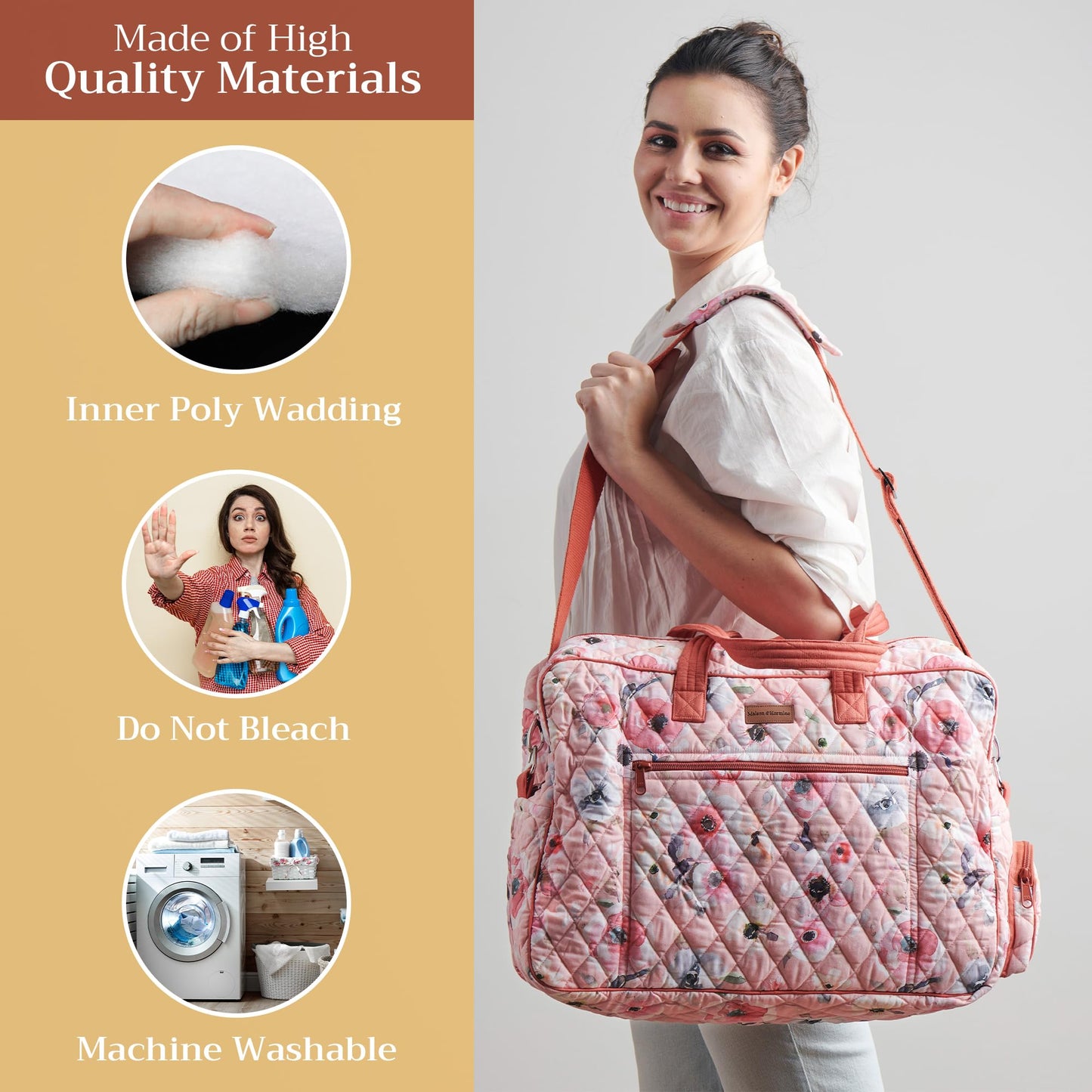 Maison d' Hermine Weekend Duffel Bags for Women Cotton Quilted Overnight Luggage Weekend Bag for Men Gym Sports Gifts Travel Business Travellers Trip Spring Summer (Romantic Poppy - Saumon)