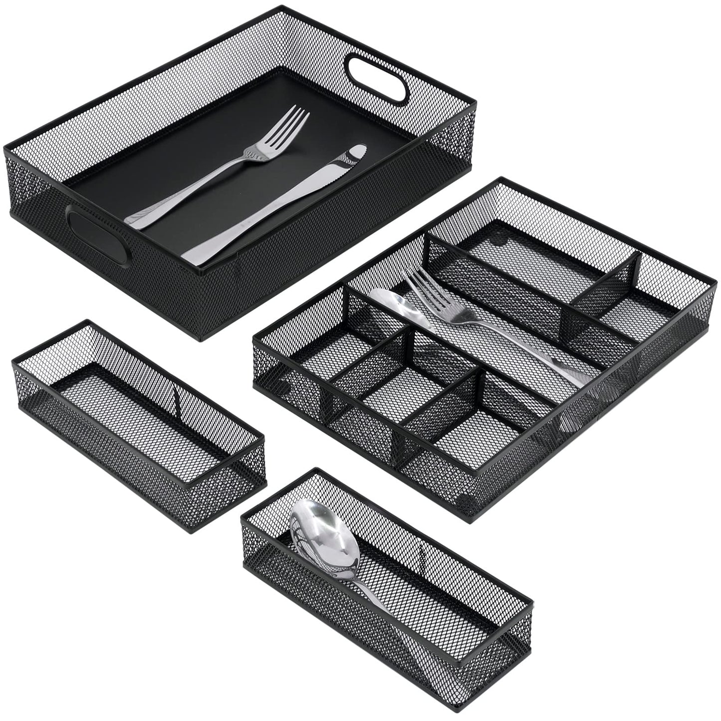 Neudeco Desk Drawer Organizer with 6 Adjustable Dividers, Metal Mesh Pen Organizer for Desk Drawer, Office Supplies Tray (Pack of 4, Black)