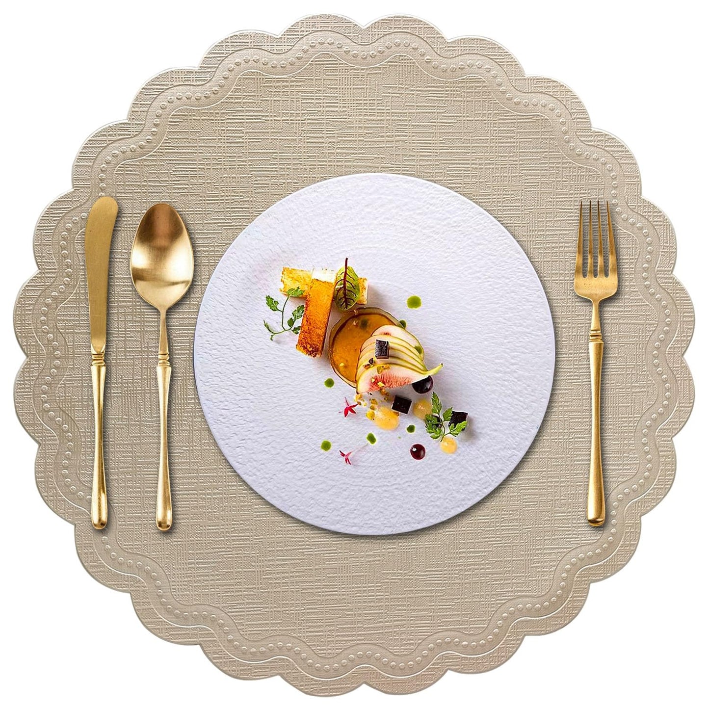LINSBO Round Placemats Set of 6, 15 Inch Scalloped PU Faux Leather Non-Slip Heat Resistant Table Mats Decor (Light Champagne Gold)