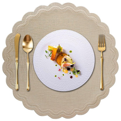 LINSBO Round Placemats Set of 6, 15 Inch Scalloped PU Faux Leather Non-Slip Heat Resistant Table Mats Decor (Light Champagne Gold)