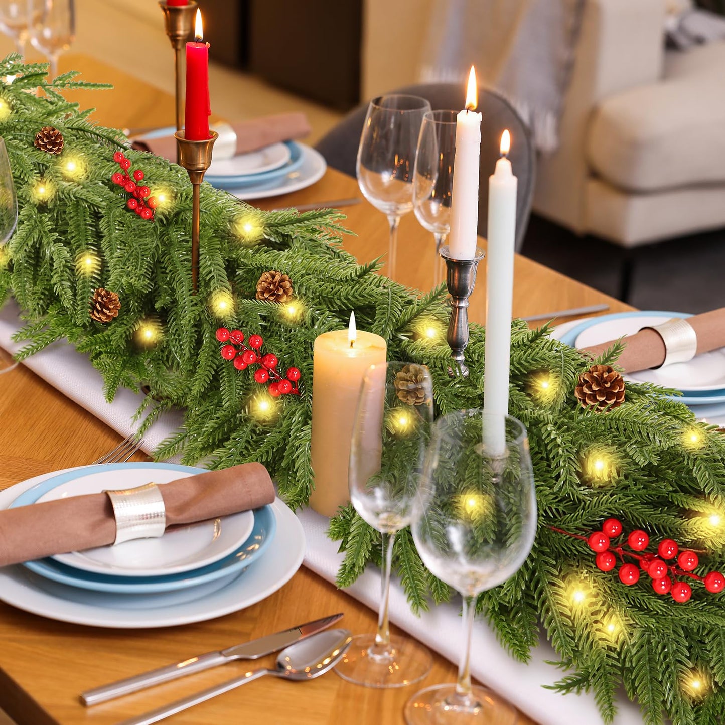 2 PCS 6FT Artificial Norfolk Pine Garlands - Real Touch Winter Pine Garland, Green Artificial Greenery Garland for Mantle, Table, Wall, Indoor & Outdoor Fireplace Christmas Decorations