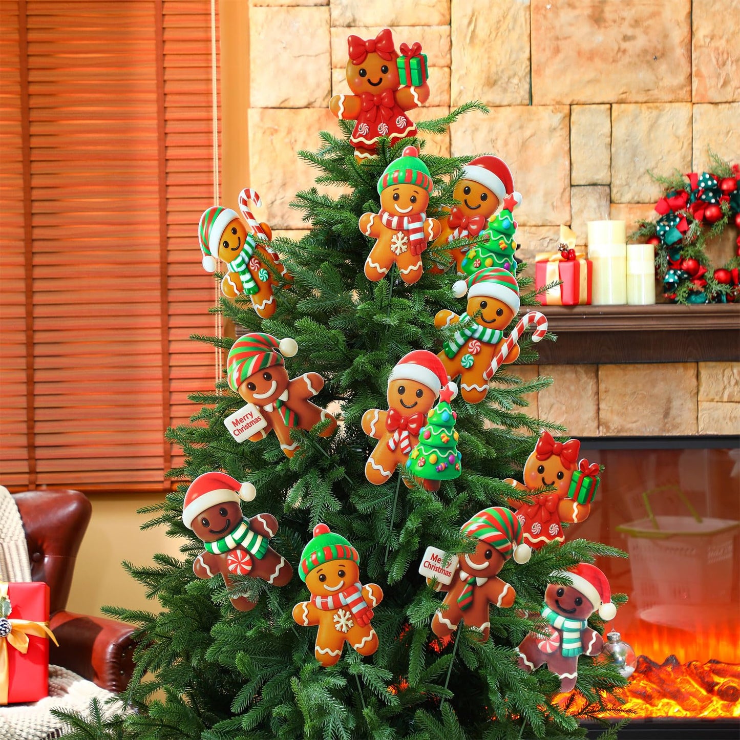 Giegxin 12pcs 10 x 8 Inches Gingerbread Man Christmas Tree Picks Gingerbread Christmas Decor with Sticks Cute Ornaments for Xmas Tree Topper Home School Office Garden Patio Winter Vase Holiday