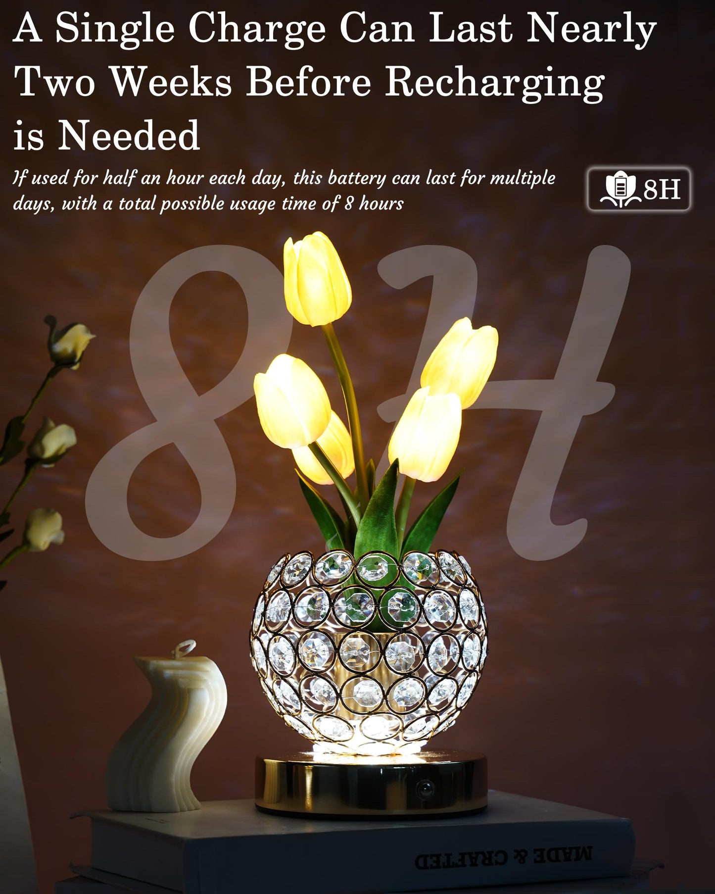 Cordless Tulip Flower Lamp, Adjutable Touch Dimming Crystal Night Light with Artificial Tulip Flower, Rechargeable LED Flower with Vase Lamp Romantic Decor for Bedside Nightstand, Gift for Mother