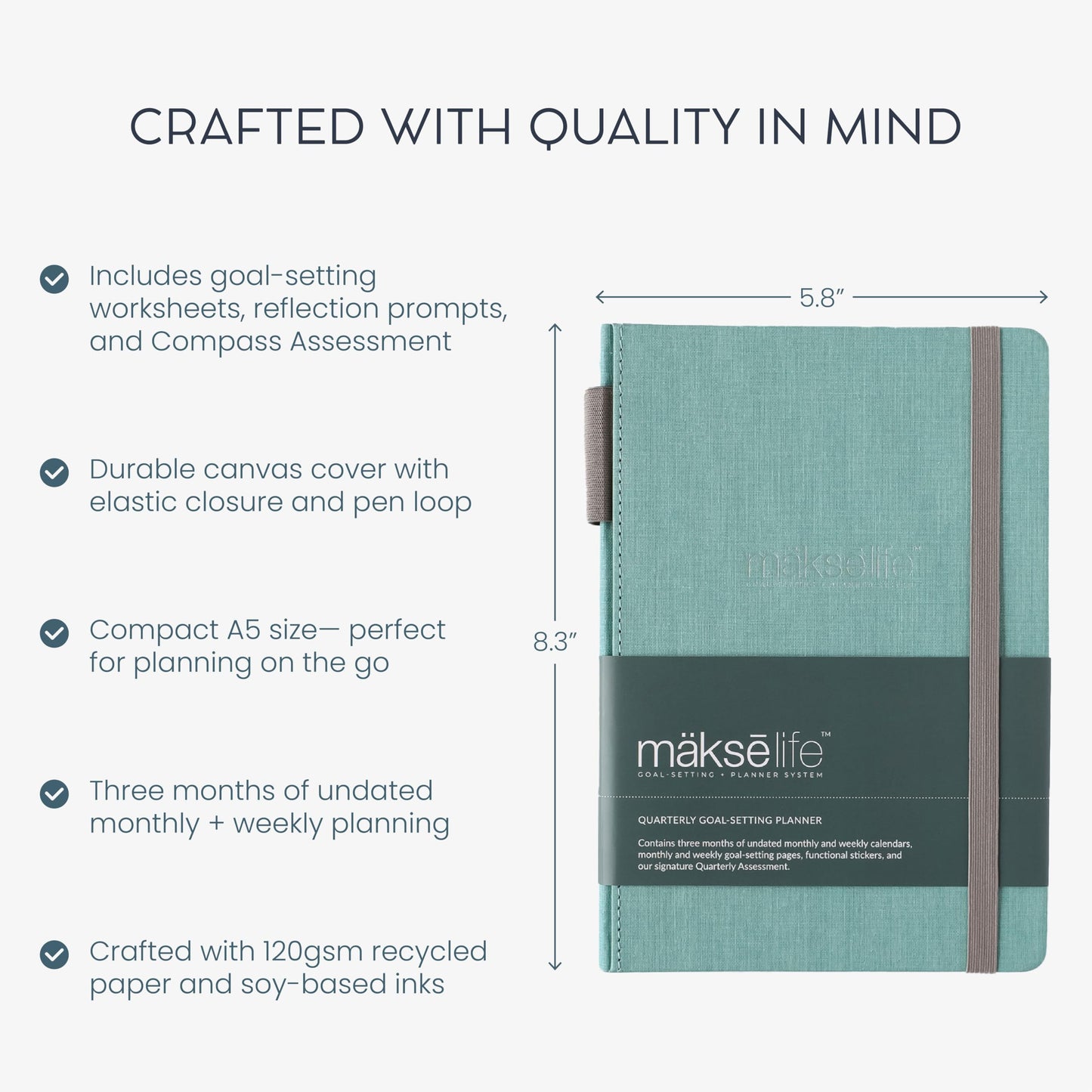 MäksēLife Undated Quarterly Planner - A5 Goal Setting Planner & Personal Journal for Mindful Living, Weekly and Monthly Goal Setting with Habit Tracker & Reflections, Teal