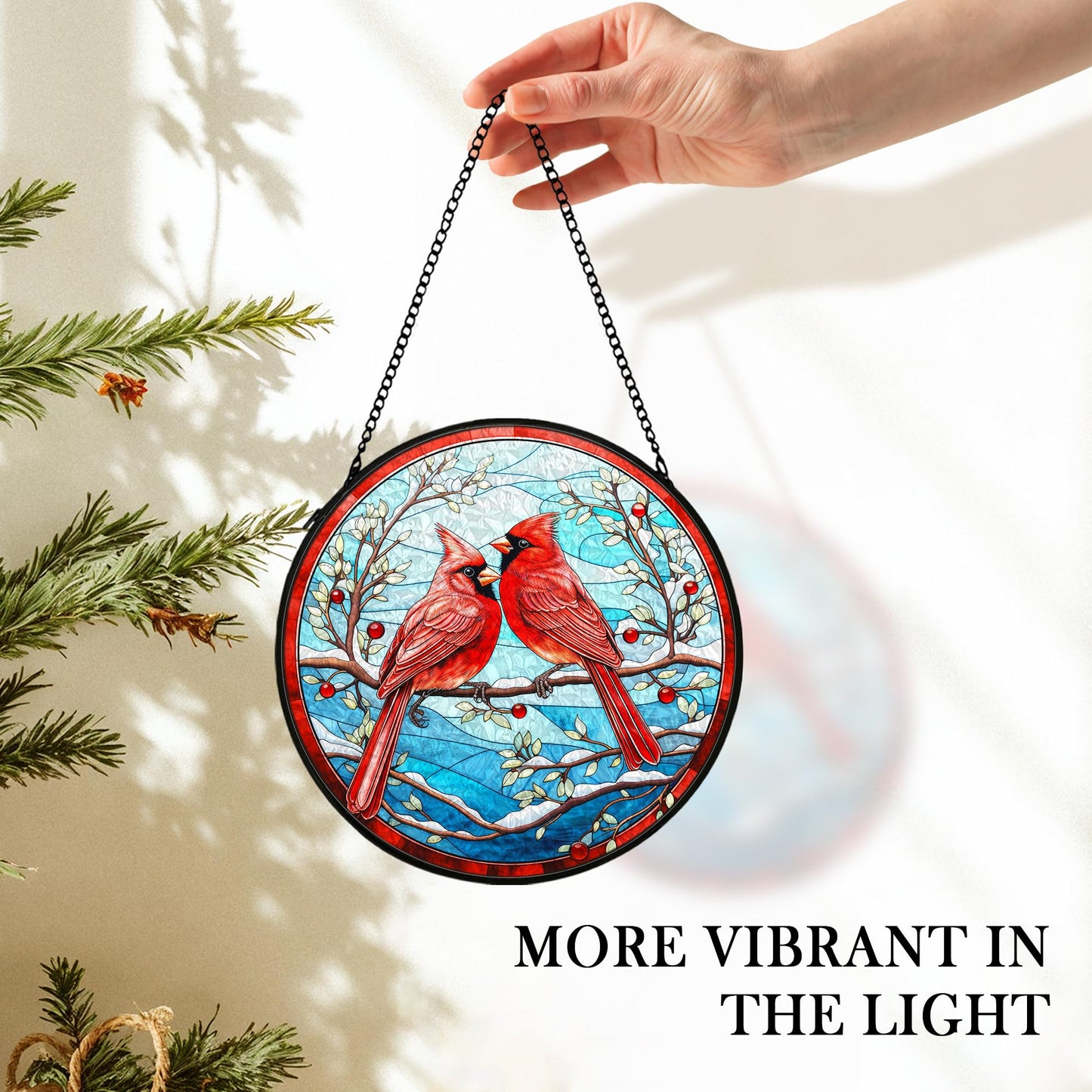 cvjutf Cardinal Suncatcher Stained Glass Window Hanging Decor, Winter Christmas Cardinal Stained Glass Wall Decor, Christmas Bird Lawn Garden Sun Catchers Indoor Window Hanging Wall Art, 7.9x7.9In