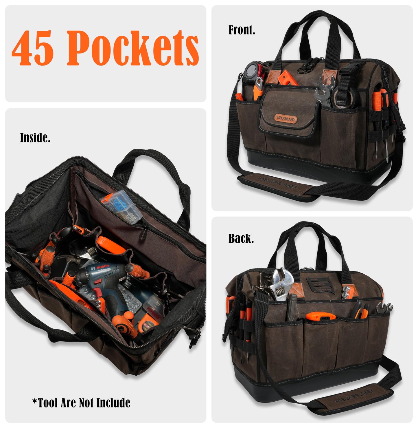 WELKINLAND 45-Pockets Waxed Canvas Tool Bag, 16-Inch Heavy-Duty electrician tools bag, Hard-Bottom HVAC tools bags, Large-Open technician tool bags, Electrical tool bag, Maintenance tool bag