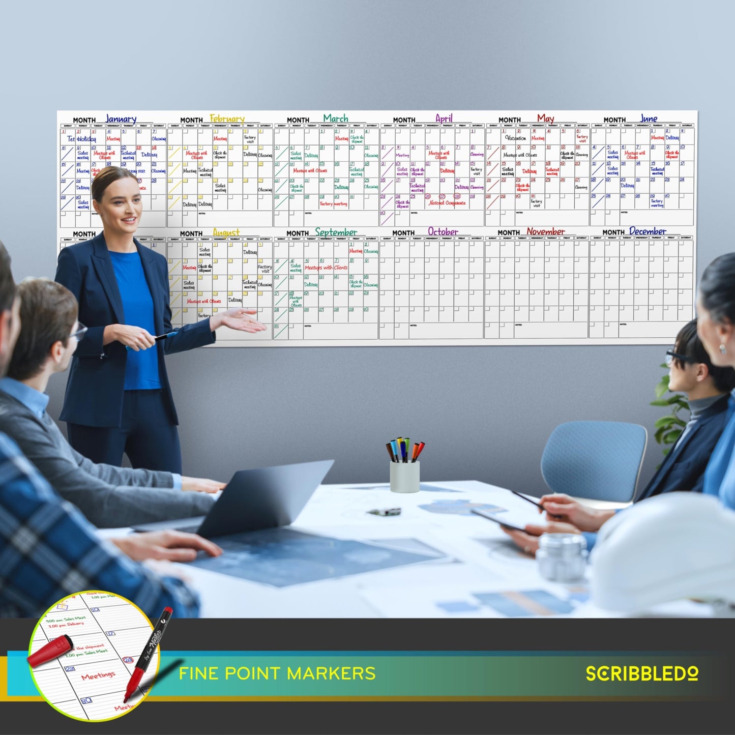 Extra Large 100"x36" Dry Erase Monthly Planner – 12-Month Whiteboard Calendar Includes 6 white Board Markers Eraser Push Pins & Mounting Tape