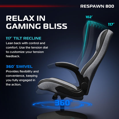 RESPAWN 800 Gaming Chair - Swivel Rocker With High Back, Ergonomic Floor Design for Kids and Adults, Recliner With Armrests - Grey Fabric