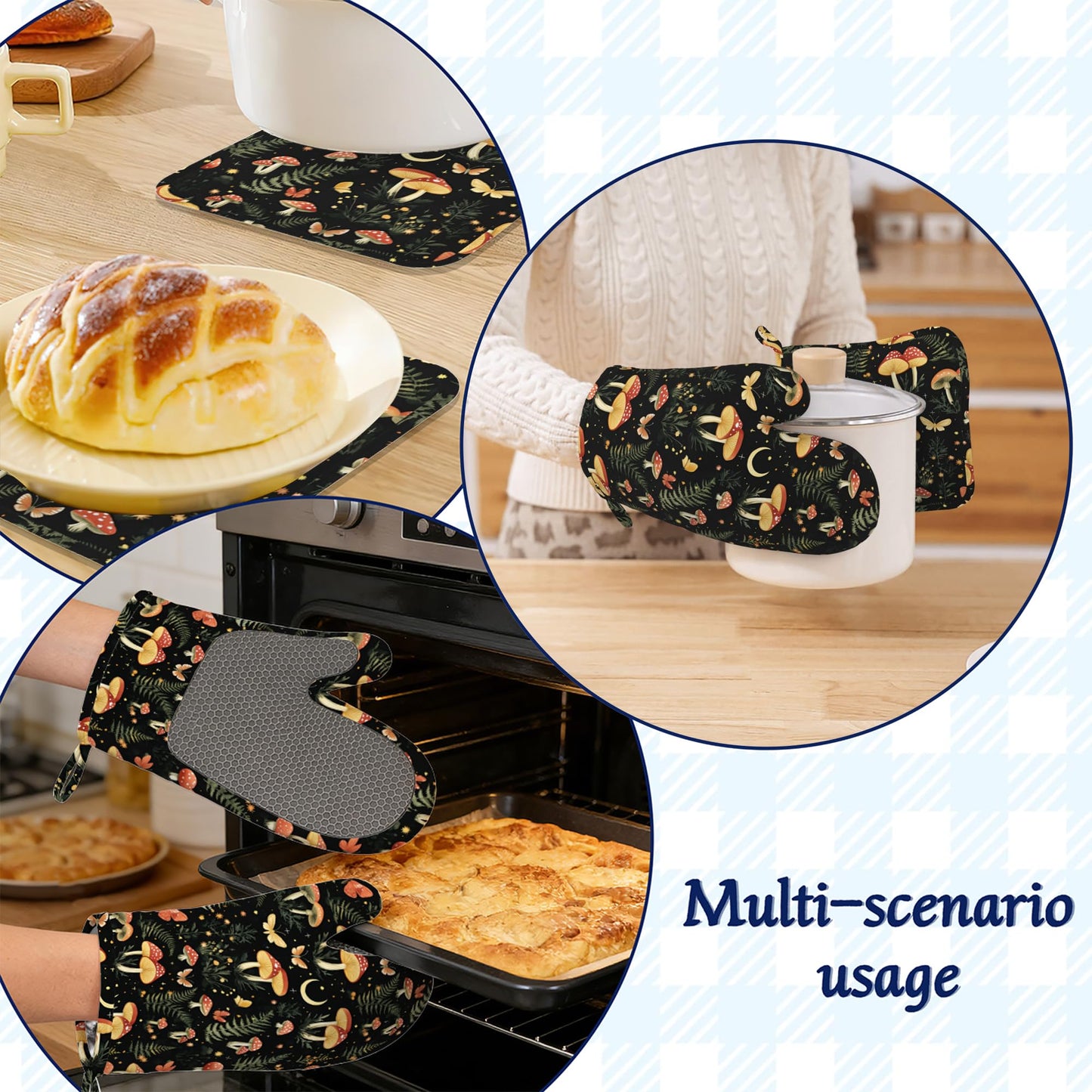 Boho Mushrooms Oven Mitts and Pot Holders Sets of 4 Wildflowers Butterfly Heat Resistant Silicone Oven Mits Gloves Non-Slip Kitchen Mittens Potholders for Cooking Baking Grilling BBQ