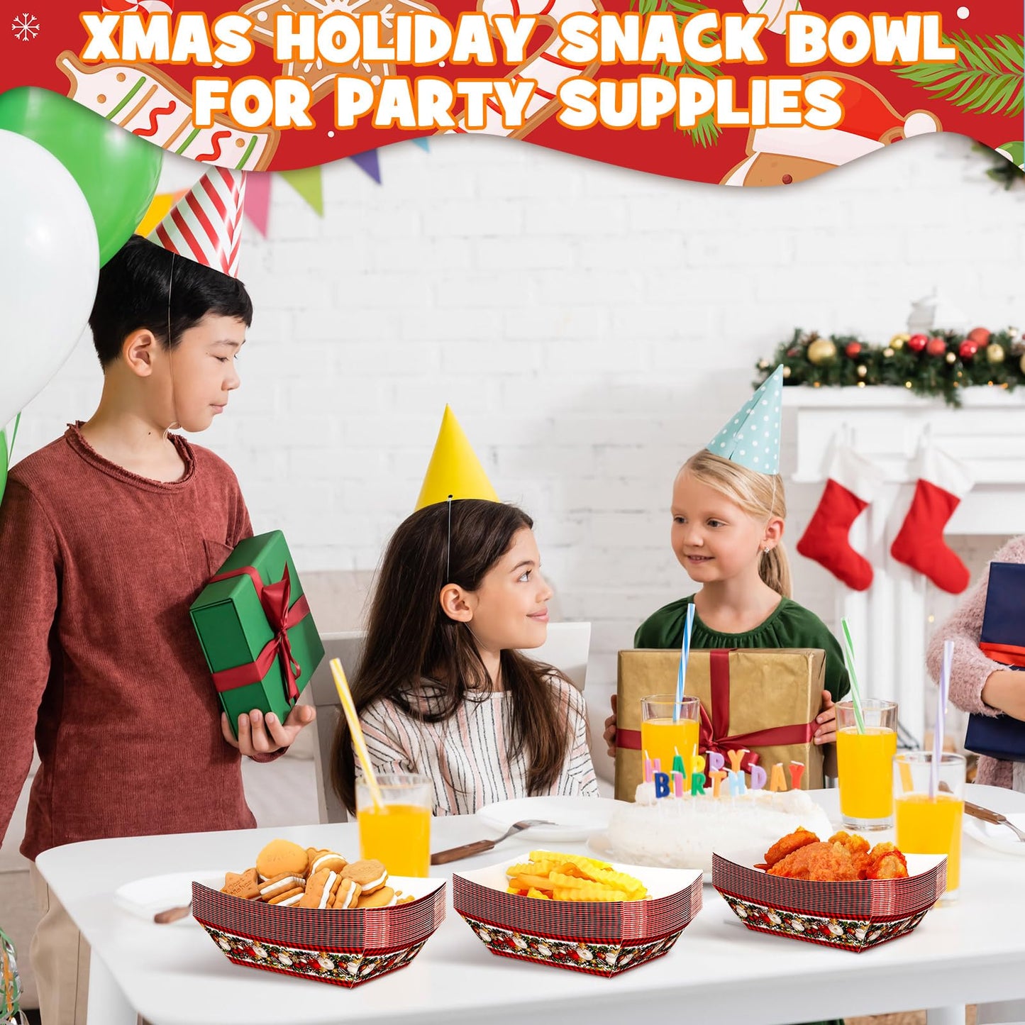 Ctosree Christmas Paper Food Trays Linen Red and Black Buffalo Check Seasonal Winter Xmas Holiday Farmhouse Style Snack Bowl for Party Decoration Supplies