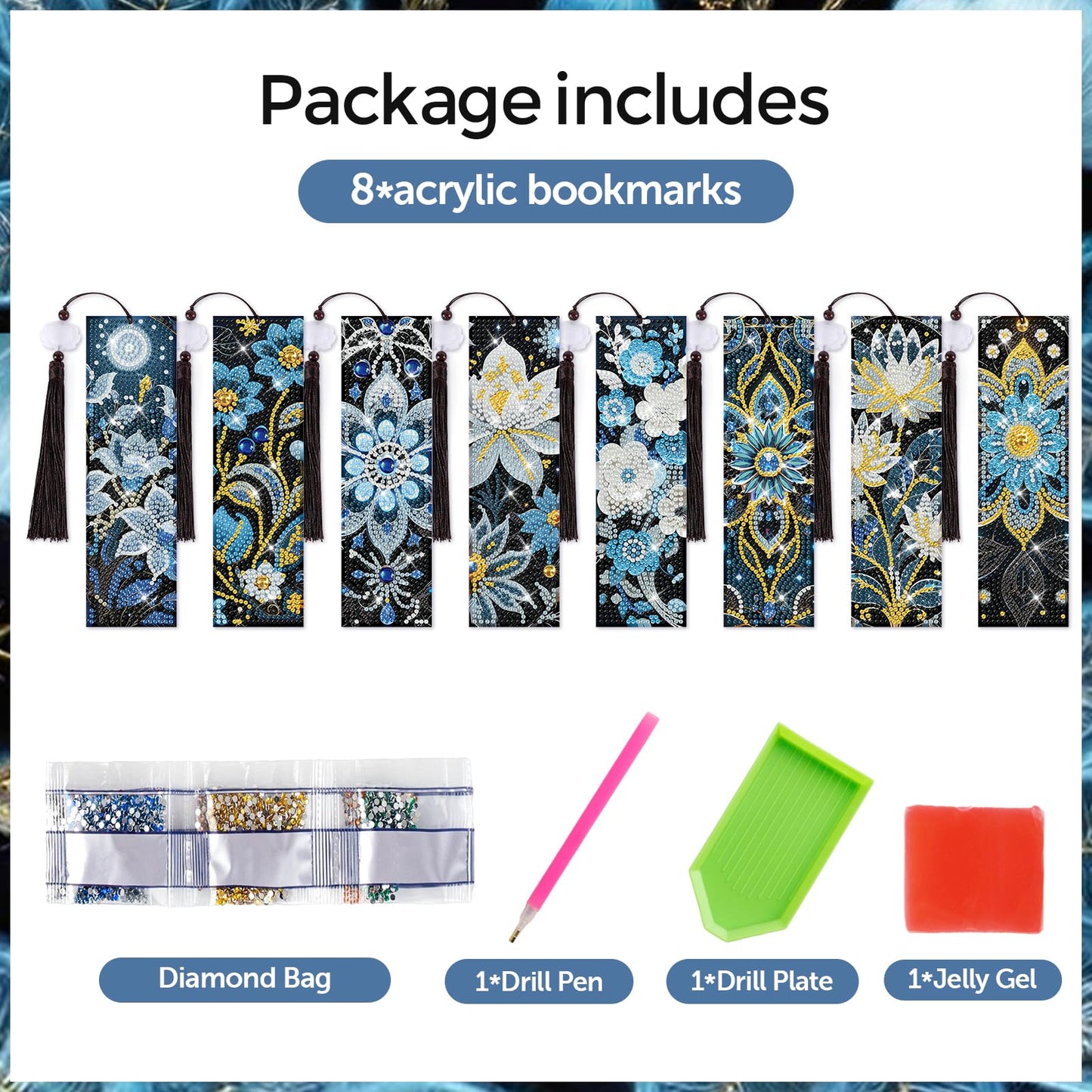 8 Pieces Mandala Diamond Art Bookmarks 5d Floral Beaded Bookmark Acrylic Tassel Bookmark for DIY Making Beginners Kids Adults Arts Craft Supplies (Flower)