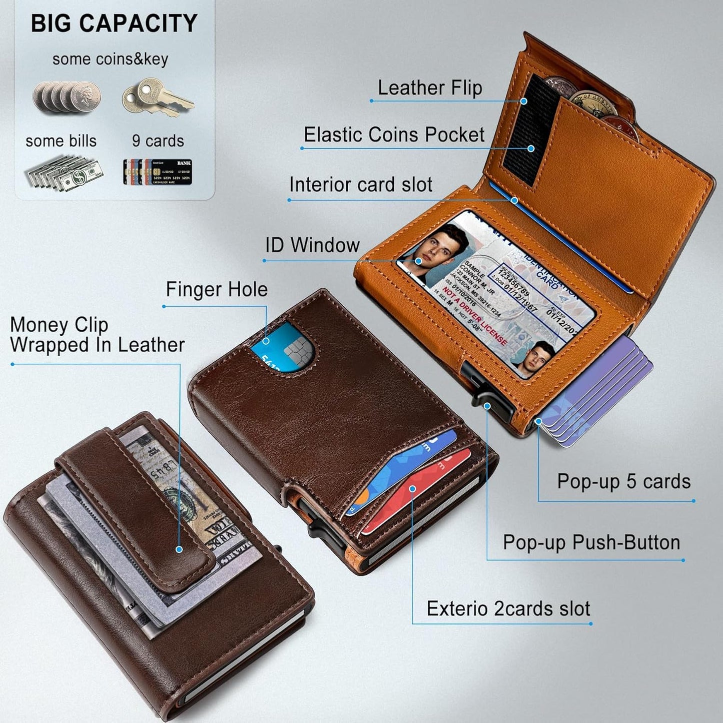 Plinvo Men's Slim Genuine Leather Wallet with Money Clip, Coin Pocket, RFID Blocking, ID Window (Burnt Umber)