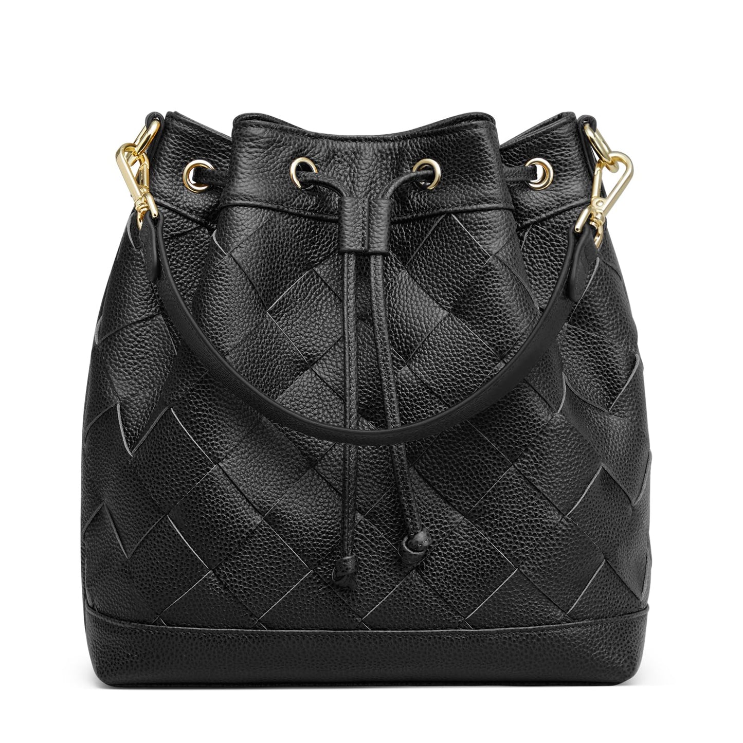 Kattee Woven Genuine Leather Bucket Bags for Women, Drawstring Crossbody Hobo Purses and Shoulder Handbags with 2 Detachable Straps, Black