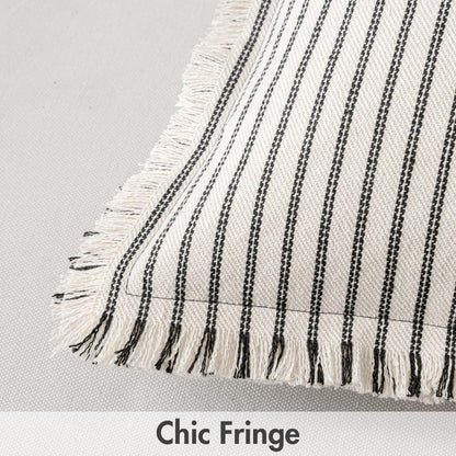 MIULEE Black Pack of 2 Pillow Covers 18x18 Inch Striped Farmhouse Couch Throw Pillow Covers with Fringe Chic Linen Decorative Cushion Covers for Sofa Living Room Bed Outdoor Home Decor