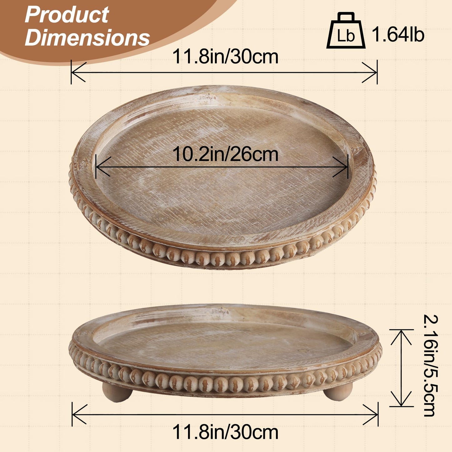 Round Decorative Tray for Coffee Table, Natural Wood Beaded Tray with Detachable Legs, 11.87" Farmhouse Rustic Serving Tray for Living Room, Ottoman, Kitchen Counter, Dining Table Decor
