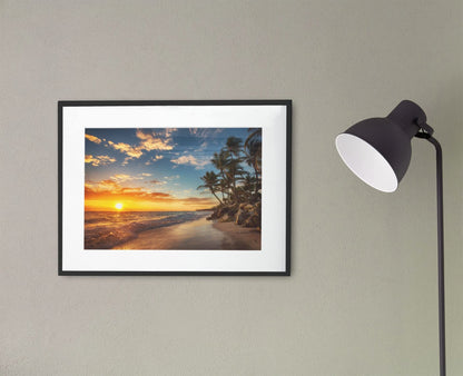 Beach Art Wall Decor Coral Beach Sand Sea Palapa Tropical Palm Tree Photo Sunset Landscape Pictures Ocean Scenic Scenery Nature Photography Paradise Cool Wall Art Print Poster 36x24