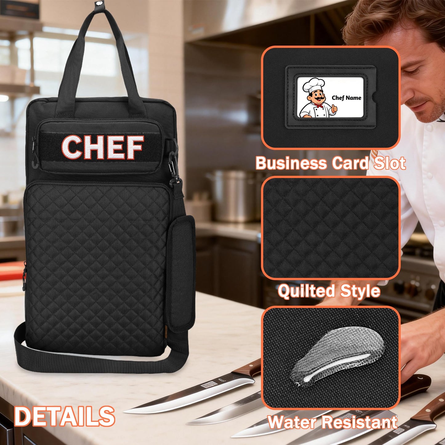 FURIMETY Professional Knife Bag with Front Pocket for Cookbook & Pad, Chef Knife Bag With Shoulder Strap, Knife Carrying Case for Kitchen Tools & Chef Utensils, Quilted Black