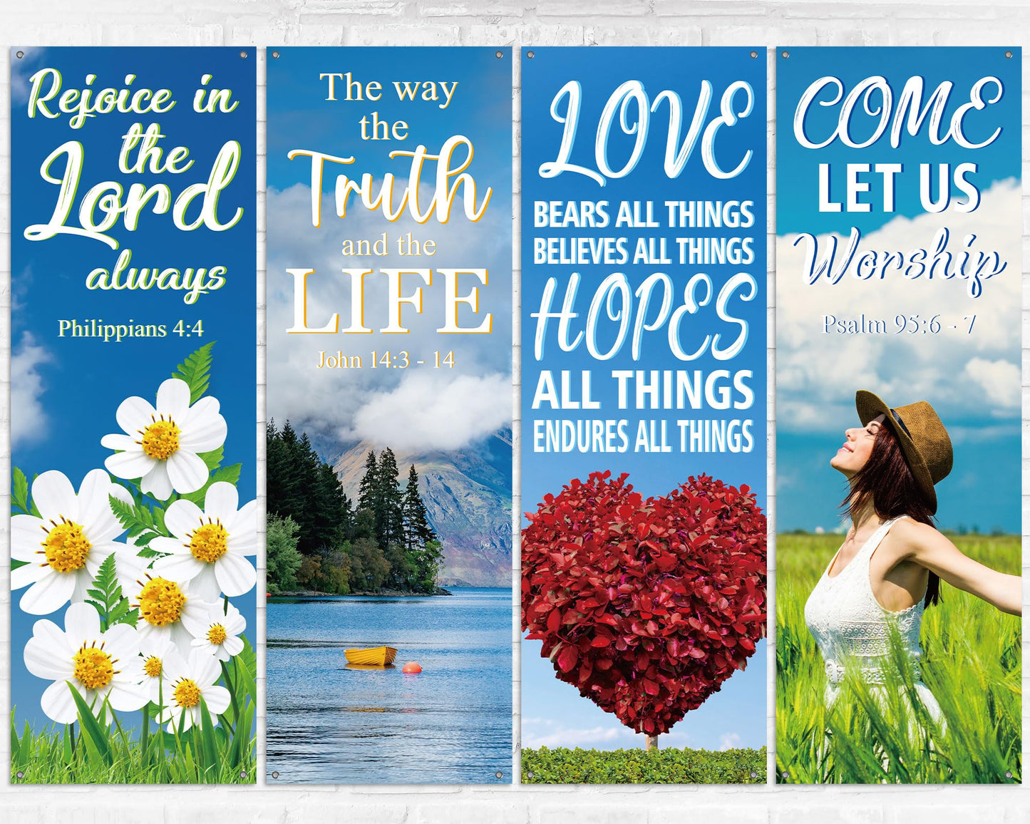 4Pcs Church Banners for Sanctuary Wall Welcome Inspirational Religious Banners Hanging Backdrop Fresh Scenic Pattern Church Banner with Scripture Bible Verses Exquisite Banner for Holiday School Decor