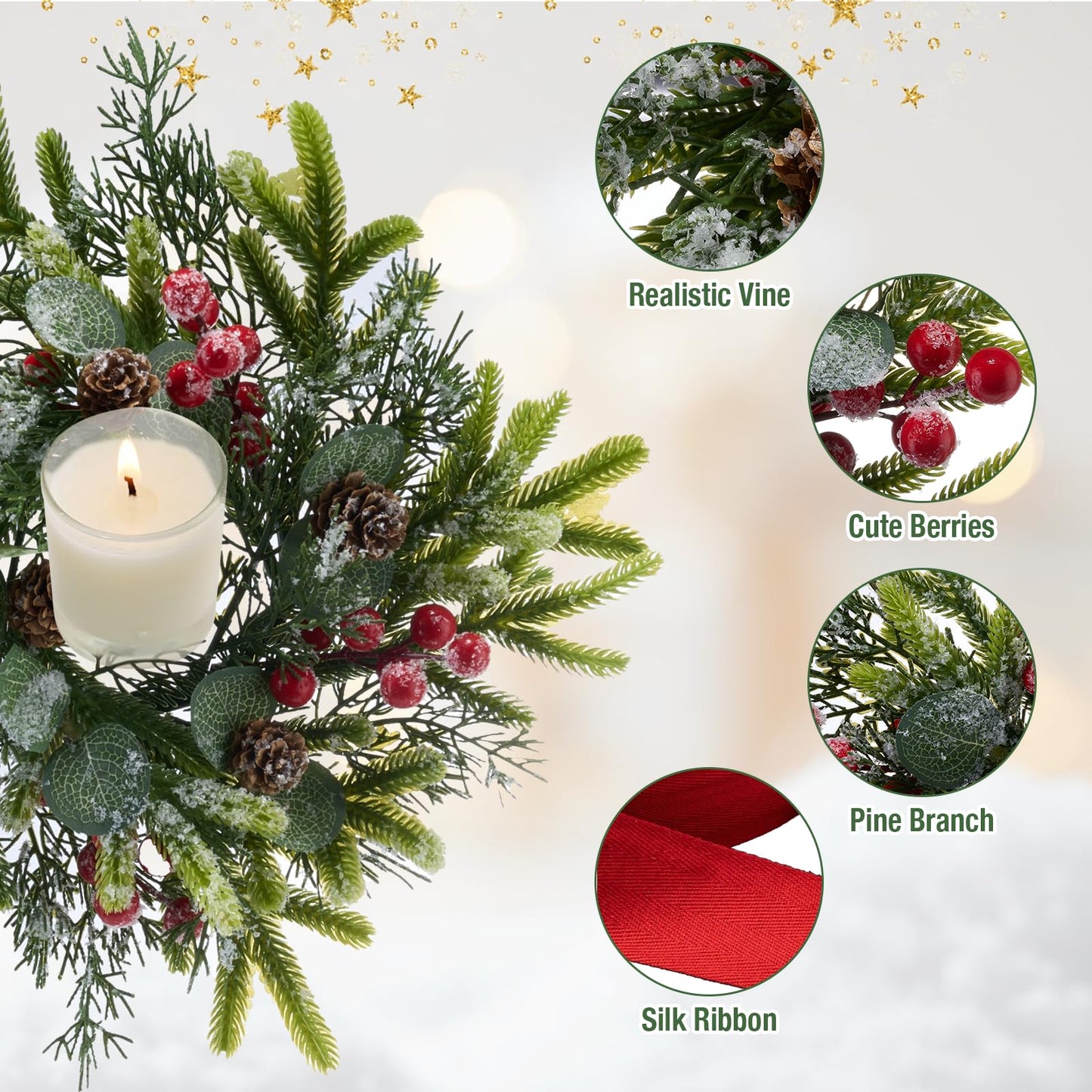 Tupetcs 9.8inch Christmas Wreath, 4Pcs Small Christmas Wreath Decorations for Home Front Door Porch Table Centerpieces Candle Rings Wall Window Cabinets Farmhouse Decorations