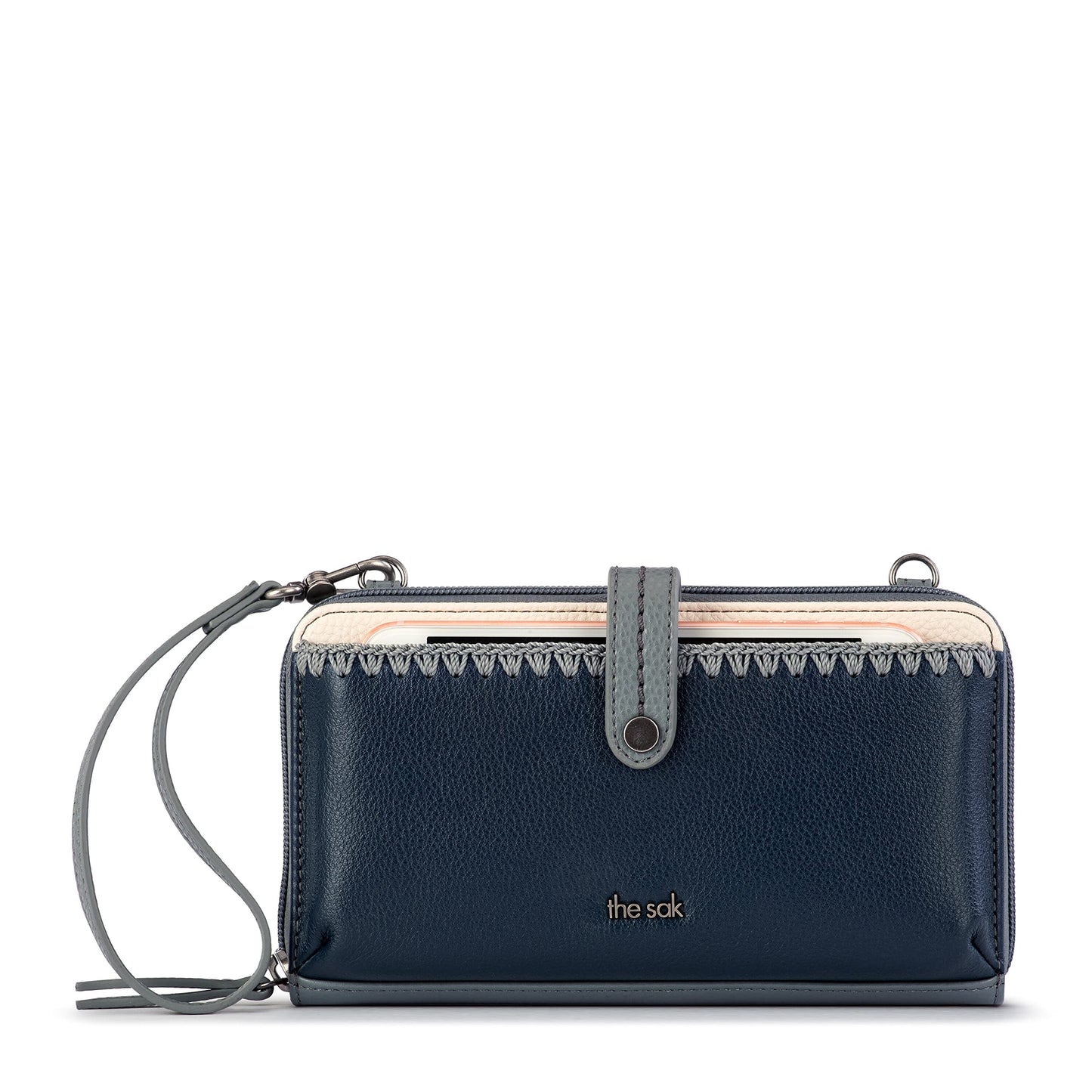 The Sak Iris Smartphone Crossbody Purse - Women's Cellphone Bag & Wallet For Everyday - Convertible Wristlet With Zipper in Dusty Blue Block/Leather