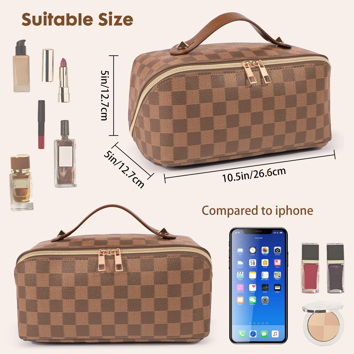 BAYANKALA Leather Travel Makeup Bag, Large Capacity Cosmetic Bag for Women, Waterproof Portable Pouch with Divider, Toiletry Organizer with Handle, 10.5x5x5 Inches, Deep Brown