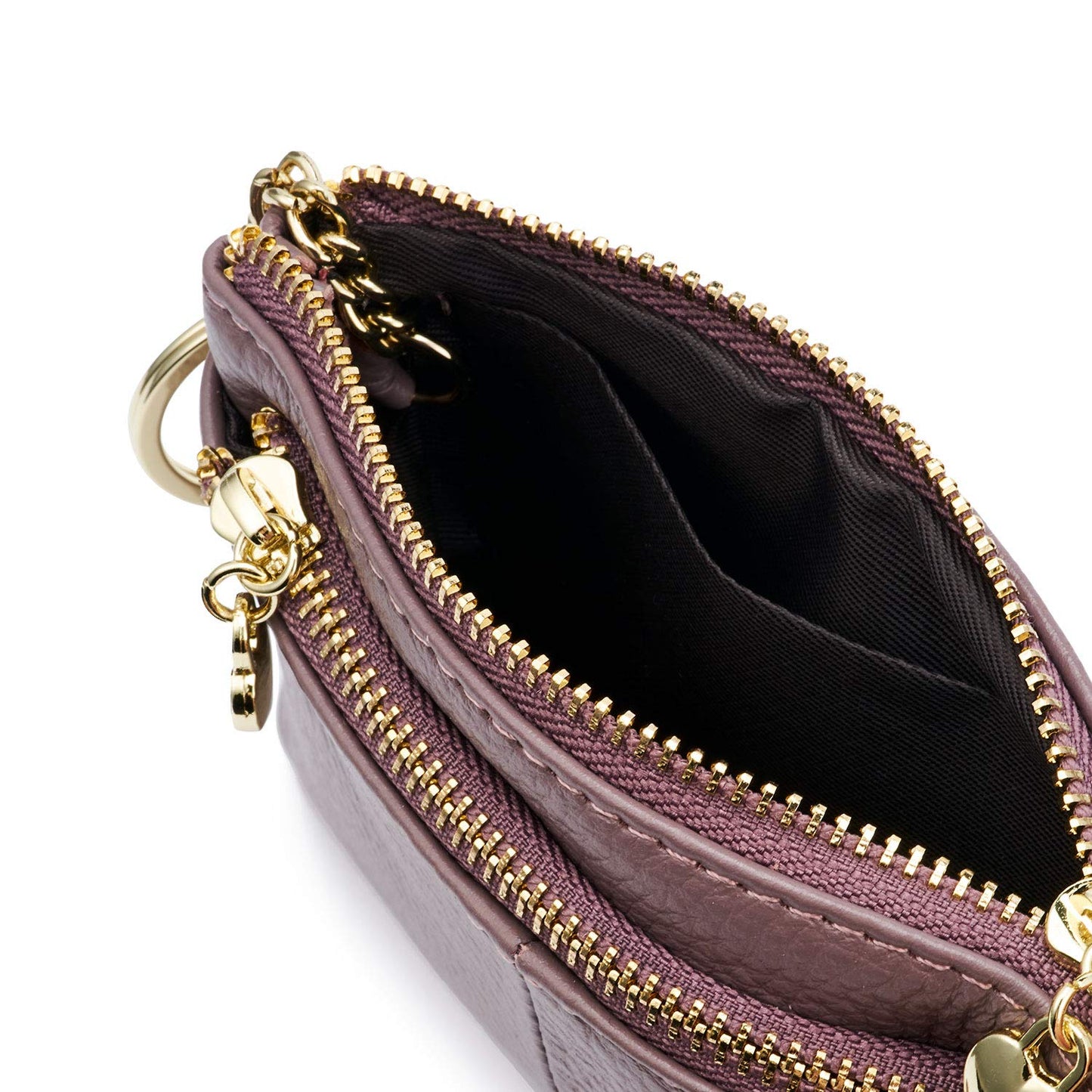 ZOOEASS Coin Purse Women Genuine Leather Zip Mini Purse With Key Ring Triple Zipper Card Holder Wallet (Purple)