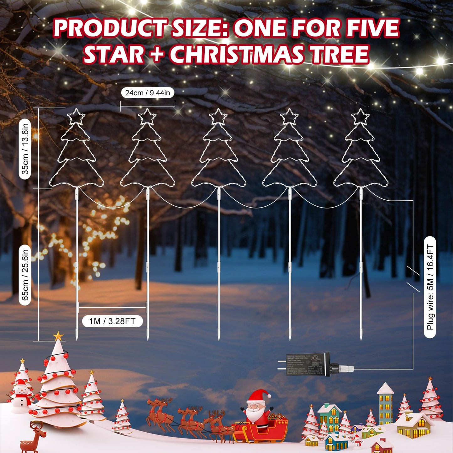 5 Pack 39.4'' Higher Christmas Tree Pathway Lights 250LEDS Outdoor Decorations, Bigger 13.8" Christmas Tree Sign w/ 8 Modes Lighting Waterproof Stake Lights for Xmas Festive Outside Garden, Yard Decor